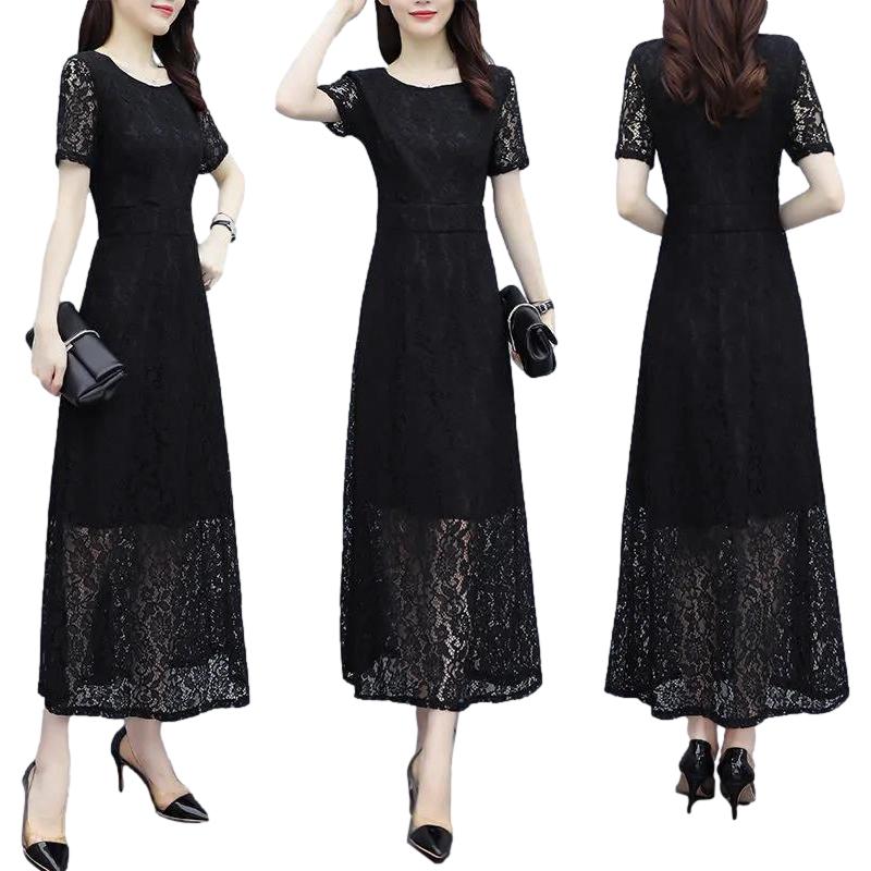 Korean Version Black High-end Lace Dress Female Spring Summer Short Sleeve Round Neck Long Dress
