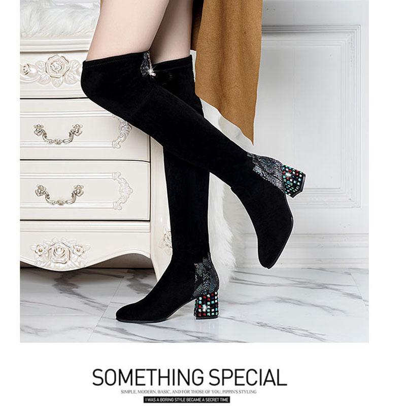 Women's Thick Heel Over Knee Boots High Heel Elastic  Boots Autumn  Winter Plus Fleece High Boots