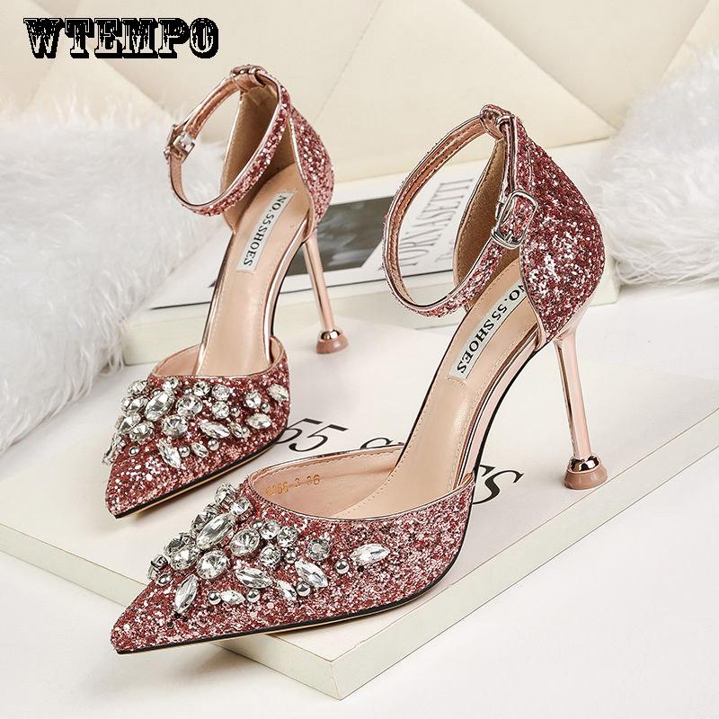 High Heels Ladies Gold Sequins Pointed Crystal Stiletto Bridal Wedding Shoes To Attend The Banquet