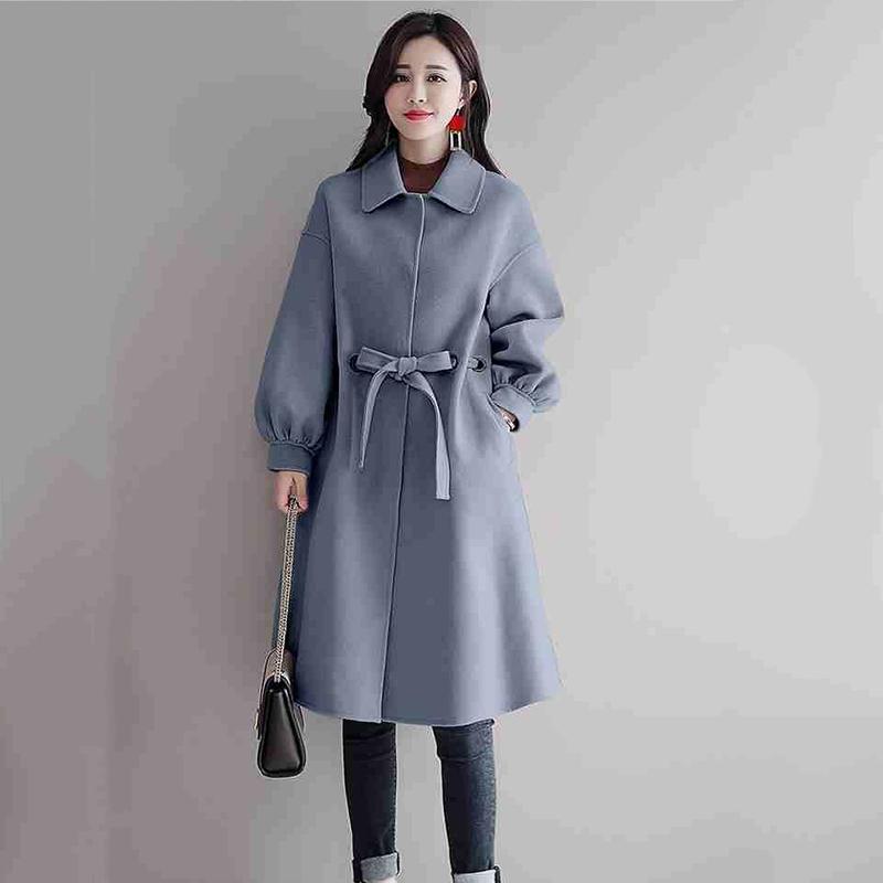 Womens' Winter Wool Long Coat with Woolen Coat Side Pocke Lantern Sleeve Long Jacket Trench Coat