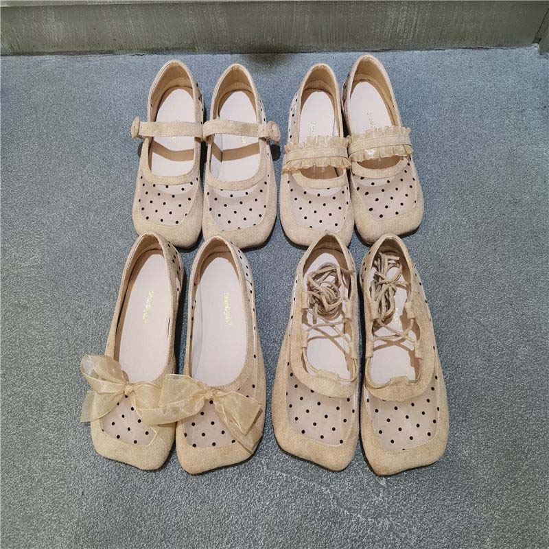 Spring and Summer Ballet Shoes Female Square Head Polka Dot Mesh Flat Mary Jane Shoes Fairy Style Lace Lace