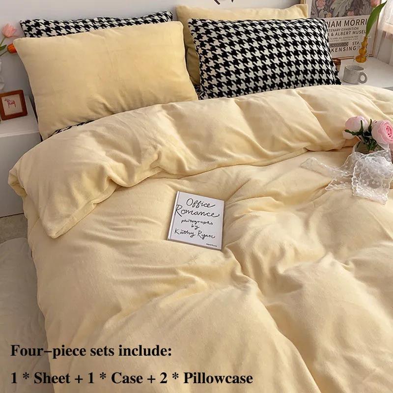 Winter Double-sided Thickening Plus Velvet Four-piece Coral Velvet Is Sleeve Single Pillow Set of Set 1.5 Meters 1.8 Meter Bed Warm Bed Set