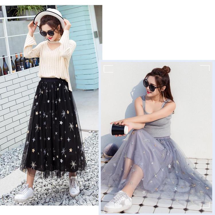 Spring Summer Vintage Skirt Womens Elastic High Waist Tulle Skirts Long Pleated Mesh Skirt