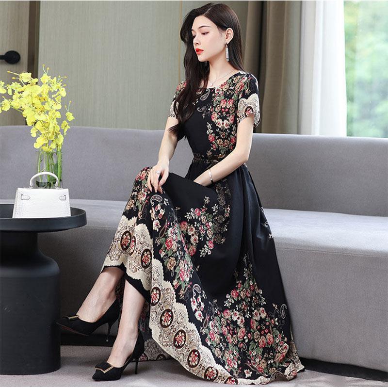 Cotton Silk Dress Female Mother's Dress Western Style Middle-aged and Elderly Plus Size Large Swing Skirt