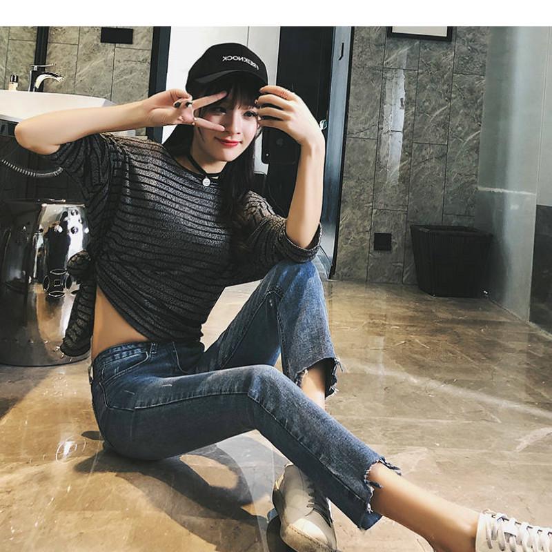 WTEMPO Straight Jeans Female Students' Pants Were Thin and Elastic Nine Points Micro Pull Pants Women