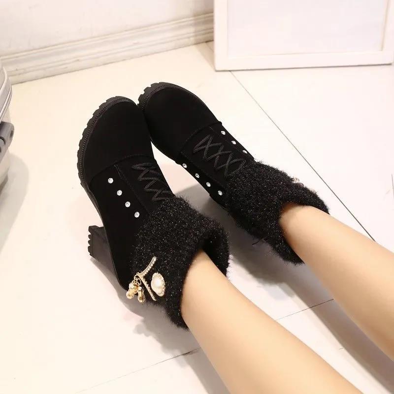 Autumn and Winter Short Mid-high Heel Round Toe Women's Shoes Side Zipper Woolen Cotton Boots