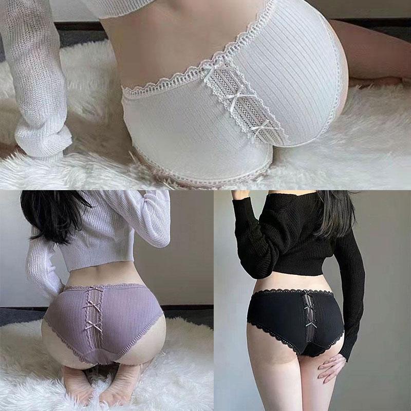 3PCS Ladies Sexy Lace Panties Mid Waist Bow Wrap Hip Briefs Comfortable Underwear Butt Lifting Panties Girl Panty Models Hollow Out Lingerie