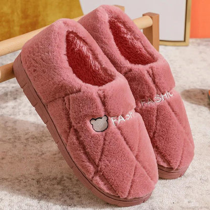 Women Unisex Winter Home Slippers Leather Waterproof Non Slip Slippers Plush Warm Indoor