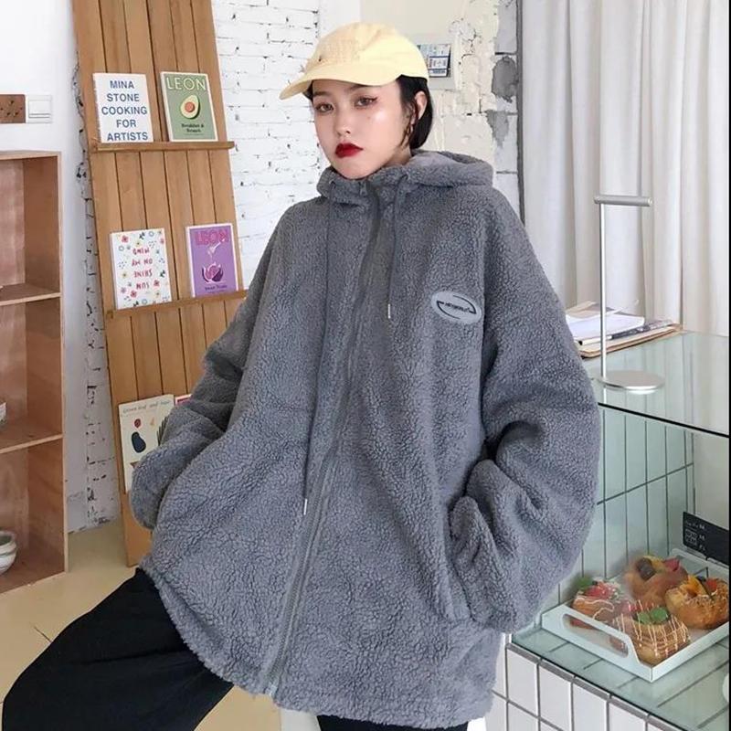 Winter Imitation Lamb Velvet Letters Plus Velvet Sweater Women Loose Warm Cardigan Jacket Ladies Casual Warm Jacket Plus Size Jacket