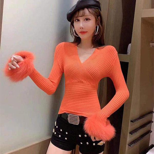 V-neck Women's Blouse Slim-fit Plush Long-sleeved Tight-fitting Bottoming Shirt Short Pullover Winter