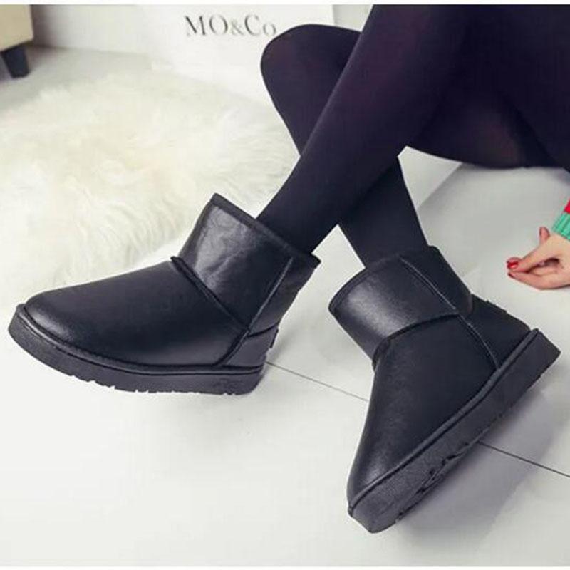 Women Snow Boots Pu Leather Ankle Boots Flat Bottom Waterproof Non-slip Plus Velvet Snow Boots Woman Shoes Large Size 36-40