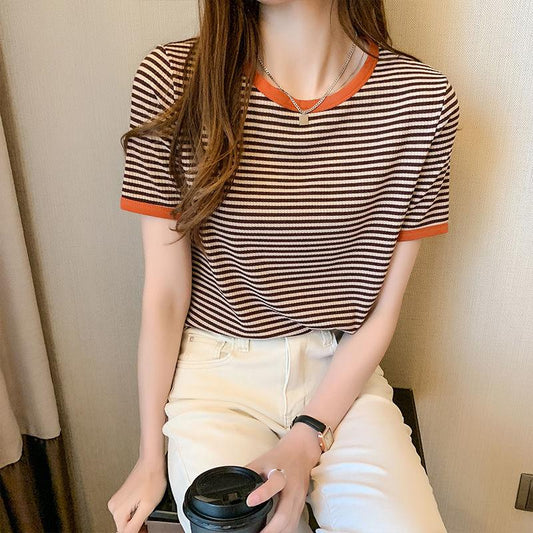 Short-sleeved Women's T-shirt Top Bottoming Shirt Loose Half-sleeve Striped T-shirt