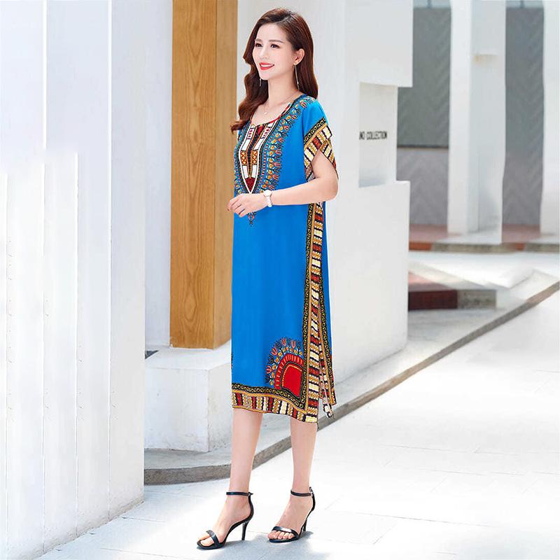 Summer Ethnic Print Dress Round Neck Cotton and Linen short  Sleeve Loose Mid-length Vest Skirt Daily Thin