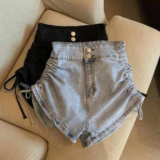 High Waist Drawstring Denim Shorts Women's Summer Thin Girl A-line Pants Comfortable Legging Long Short Pants Casual Wide Short Shorts