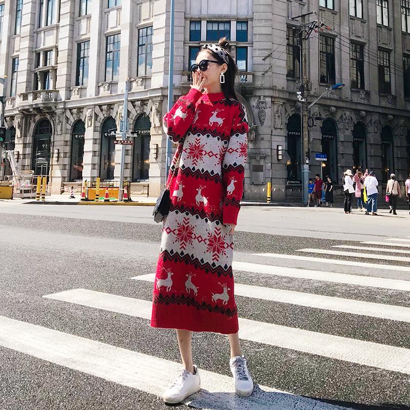 Super Long Pullover Sweater Women Autumn and Winter Fawn Print Red Christmas Sweater Loose Base Knitted Sweater Dress