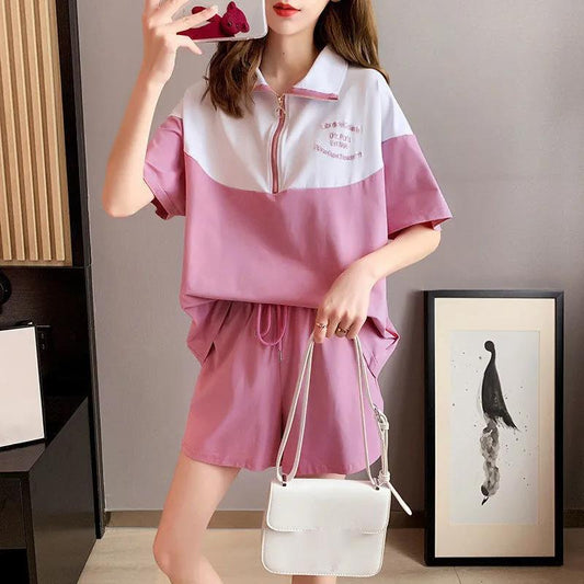 Cotton-containing Casual Suit Women's Summer Cute All-match Short-sleeved Shorts Sportswear Two-piece Thin Fabric Light and Breathable