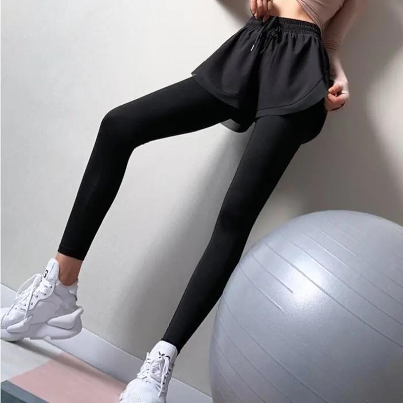 Women's High Waist Elastic Fake Two-piece Fitness Pants Tight Running Hakama Yoga Clothes Quick-drying Sports Slim Trousers Gym Running Pants