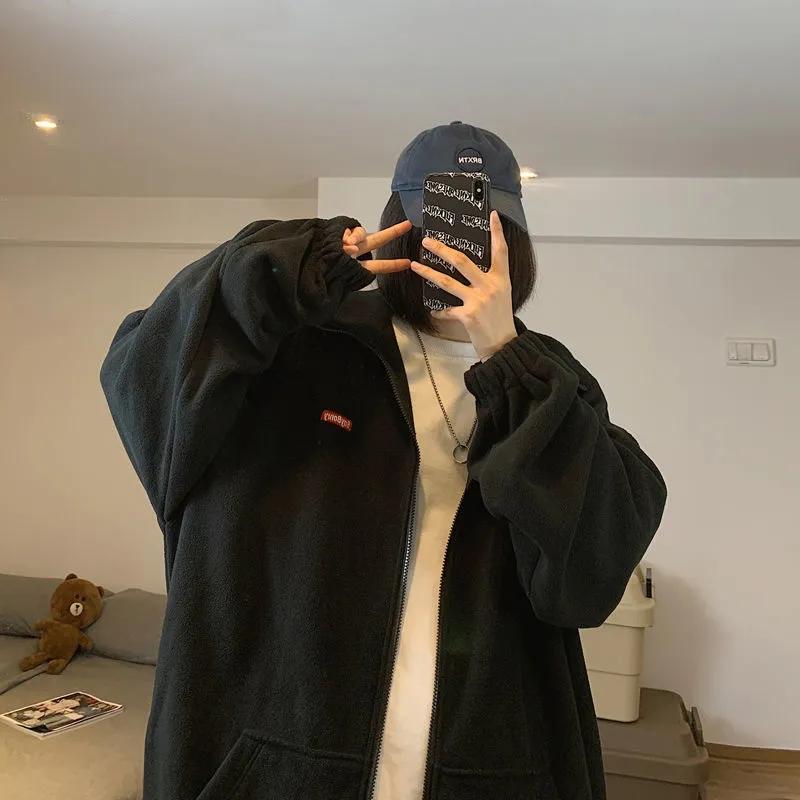 Women's Autumn and Winter Cardigan Sweater Ins Loose Korean BF Lazy Style Plus Velvet Thick Stand Collar Coat Unisex Warm Zipper Jacket