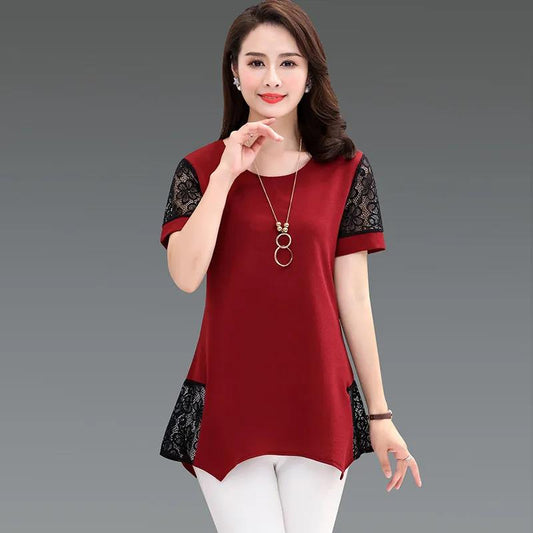 Women's Summer Chiffon Short Sleeve Mid Length Round Neck Large Size Loose T-Shirt
