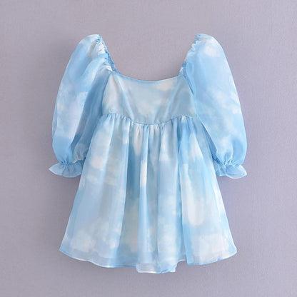 Sweet Women Tie Dye Princess Dresses Summer Multicolor A-line Puff Short Organza Ball Gown Dress