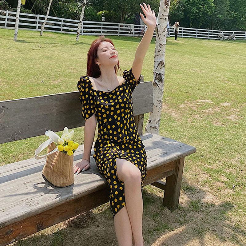 Women's Summer Floral Dress Square Neck Puff Sleeves Thin Mid-Length Skirt