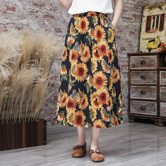 Women Summer Large Size Printed Lantern Skirt In Spring and Summer Loose High Waist A-line Vintage Elastic Casual Long Skirt