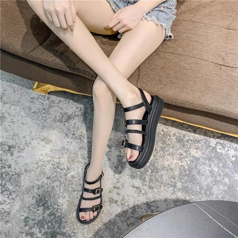 Thick-soled Sandals Women's Summer All-match Flat-bottomed Roman Shoes with A Word Buckle Simple Non-slip Thick-soled Sandals