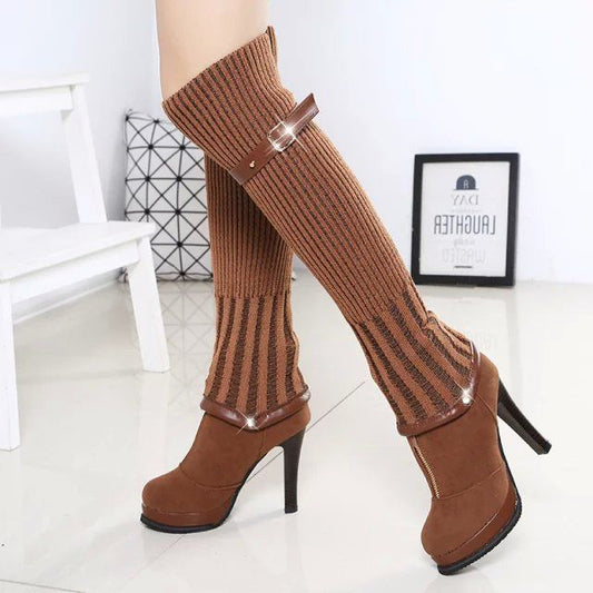 Women High Boots Stiletto High Heels Ladies Elastic Knee-high Boots Autumn  Winter Knit Plus Velvet Boots