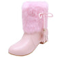 Snow Boots Short Plush Fleeces Square Heel Round Toe Slip On Solid Mid Calf Butterfly Knot Winter Boots Woman