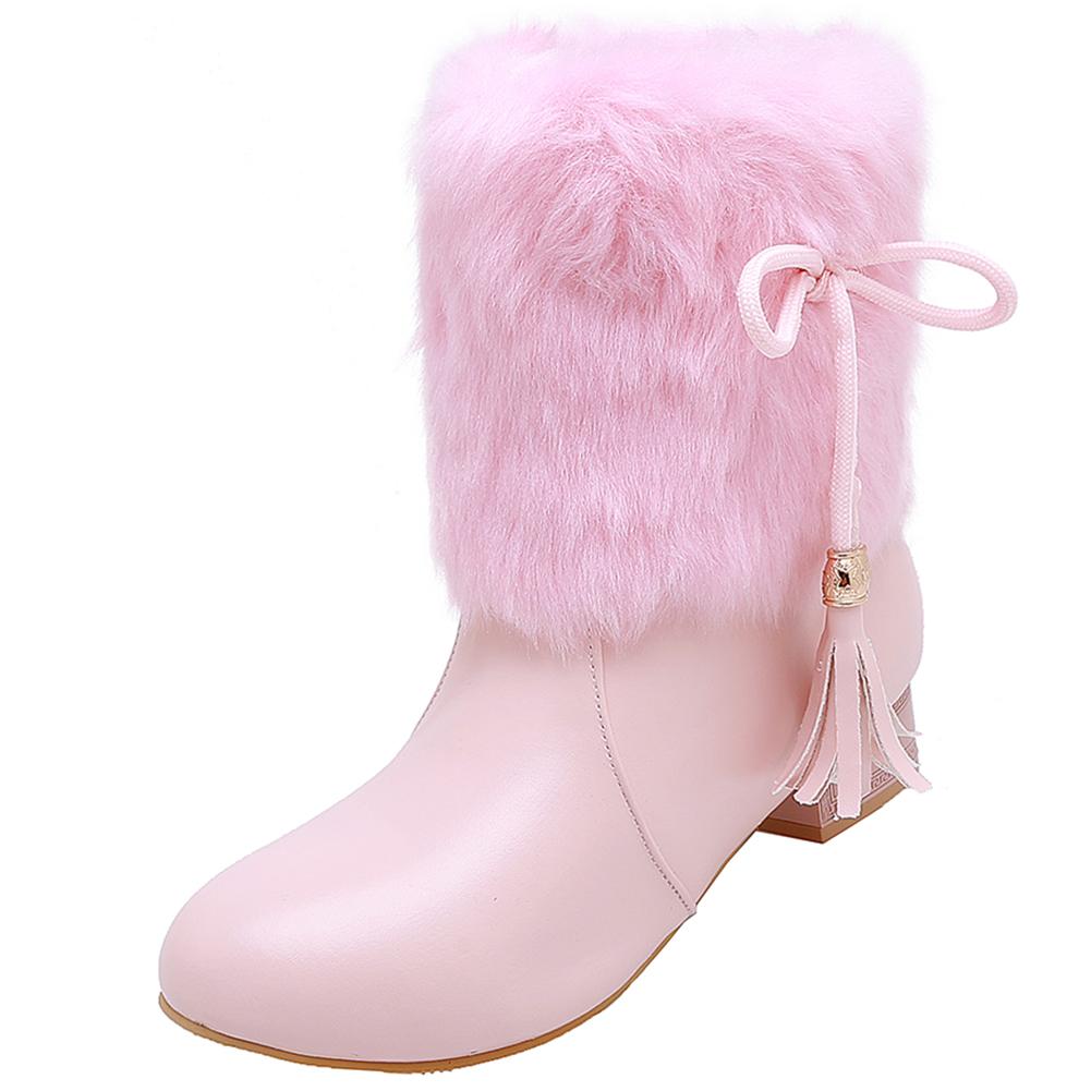 Snow Boots Short Plush Fleeces Square Heel Round Toe Slip On Solid Mid Calf Butterfly Knot Winter Boots Woman