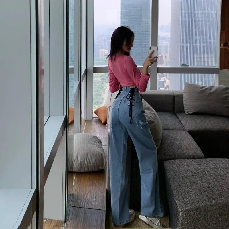 Spring and Autumn Colored Graffiti Dye Printing Leisure Hundreds of Loose High Line Straight Jeans Women