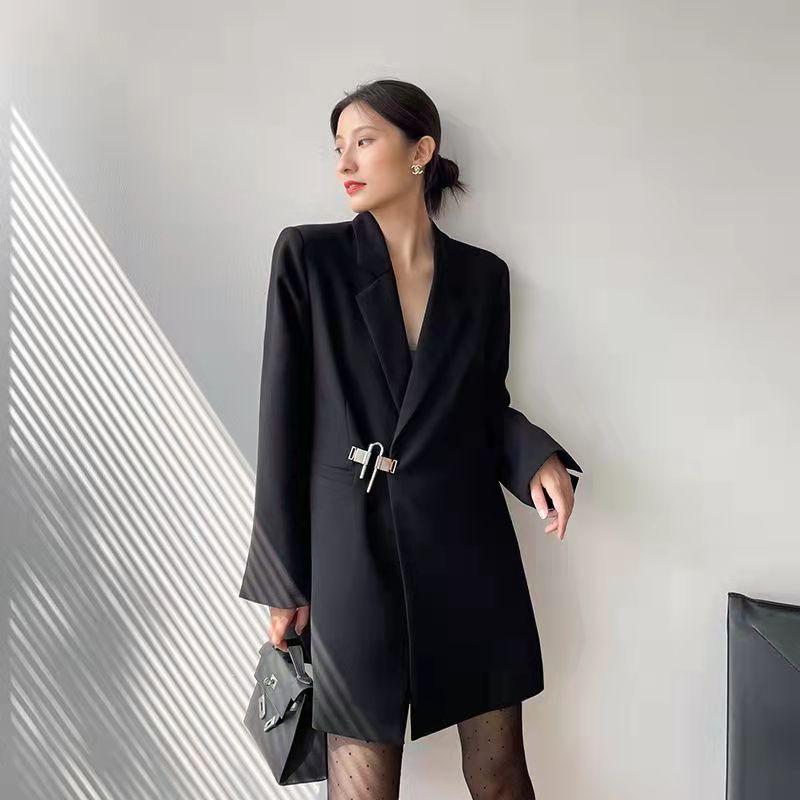 Women's Spring and Autumn Hepburn Style Suit Jacket French Mid-length Black Suit Dress Ladies Blazer Top Temperament Coat