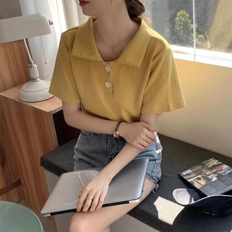 Short Sleeve T-Shirt Women Summer Loose Polo Collar Solid Color Top