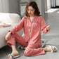 Women's Spring Cotton Pajamas Set Long Sleeve Loose Korean Heart Printing Casual Sweet Home Wear Two Piece Set Lapel Collar Button Sleeping Suit