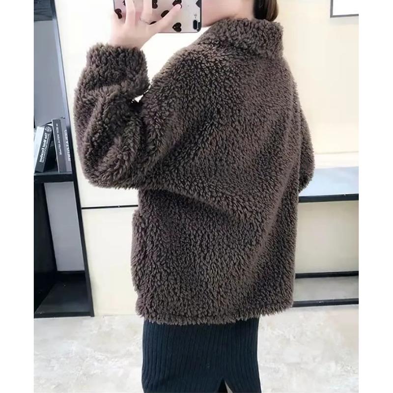 Women's Lamb Wool Coat Horns Buckle Sheared Wool Winter Korean Style Thick Square Collar Not Shed Hair Lapel Casual Loose Grain fleece Jacket Coat