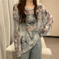 Fall Version of Tie dye Loose Simple Long-sleeved fall T-shirt Women Simple Pure color Bottoming Net yarn Blouse Tee