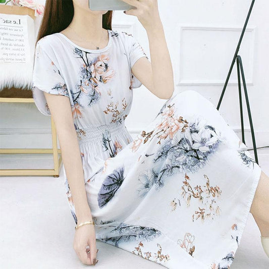 Ethnic Style Cotton Silk Floral Dress Seaside Holiday Fairy Skirt Large Print Mid-length Skirt