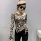 Spring and Autumn Leopard Print T-Shirt Women's Long Sleeve Sexy Top Slim Fit Bottoming Shirt