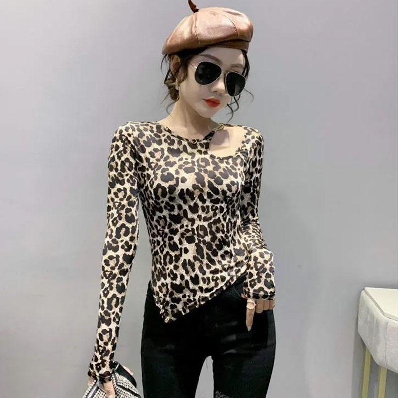 Spring and Autumn Leopard Print T-Shirt Women's Long Sleeve Sexy Top Slim Fit Bottoming Shirt