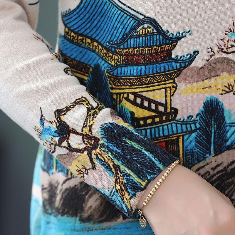 Autumn Winter 3D Printed Woolen Sweater Vintage Knit Bottoming Sweater Warm Plus Size Wool Blend Jumper Tops