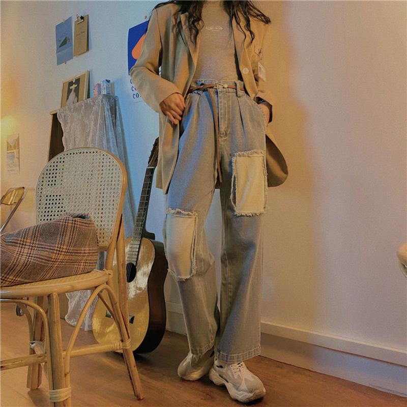 Retro High Waist All-match Loose Straight Pants Autumn and Winter Personality Ripped Beggar Patch Jeans