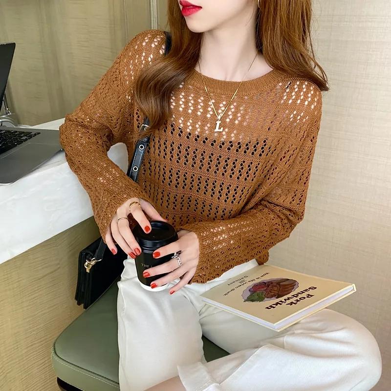 Hollow Knit Sweater Women's Thin Sweater Summer Dress Long Sleeve Loose Jacket Chic Short Top