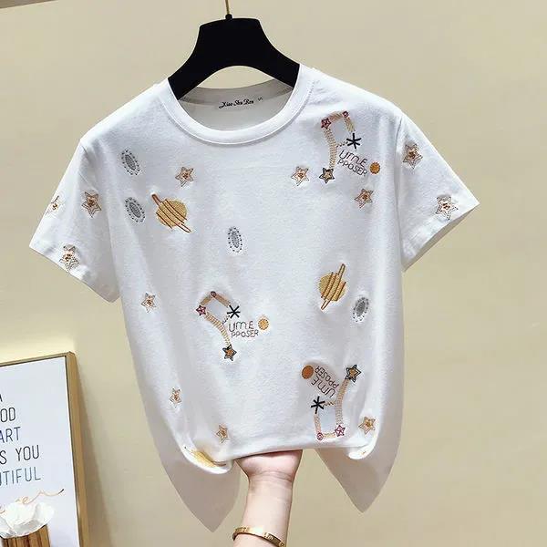 Cartoon Star Planet embroidery T-Shirt Solid Cotton Tee Female Casual Short Sleeves Tops