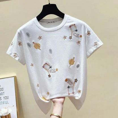 Cartoon Star Planet embroidery T-Shirt Solid Cotton Tee Female Casual Short Sleeves Tops
