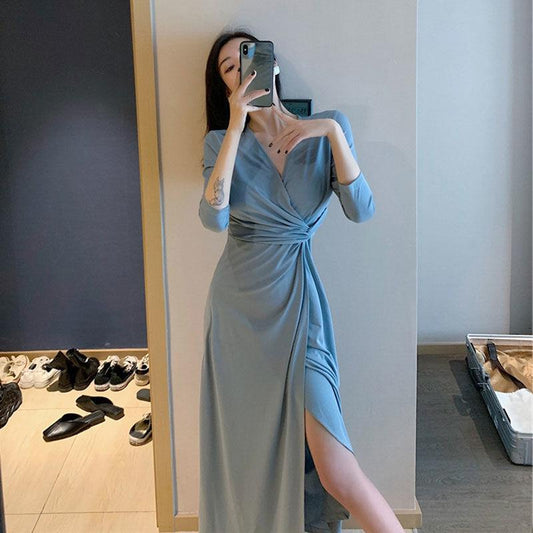 Female Vintage High Waist Super Fairy Holiday Dress Elegant Slim Solid Color Split Party Dress