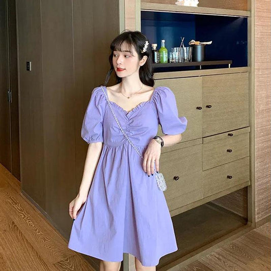 Women's Summer Puff Sleeve Dress Slim Solid Color V-neck A-line Skirt