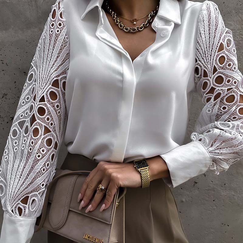 Spring/Summer Long Sleeve Thin Large Size Loose Ladies Solid Color Casual Lace Patchwork Shirt