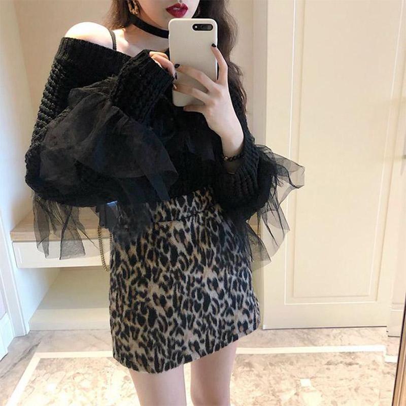 Women Black Sexy V-neck Lace Pullover Sweater Wild Thin Skinny Knitted Bottoming Shirt Coat