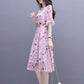 Chiffon Dress Summer Temperament Was Thin, Printed Fairy A-line Mid-length Waist Floral Skirt Round Neck Short-sleeved Ladies Chiffon Dress