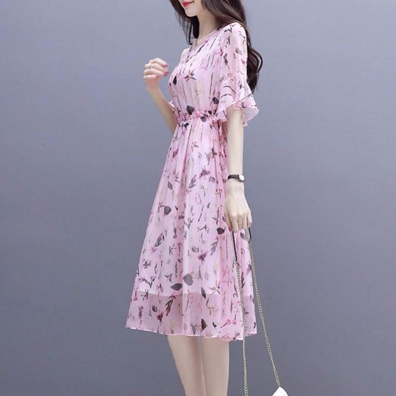 Chiffon Dress Summer Temperament Was Thin, Printed Fairy A-line Mid-length Waist Floral Skirt Round Neck Short-sleeved Ladies Chiffon Dress
